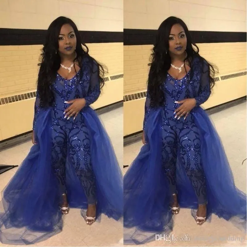 sparkly jumpsuit for women with removable skirt sequin appliqué royal blue sexy pant suit evening party dresses
