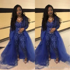 sparkly jumpsuit for women with removable skirt sequin appliqué royal blue sexy pant suit evening party dresses