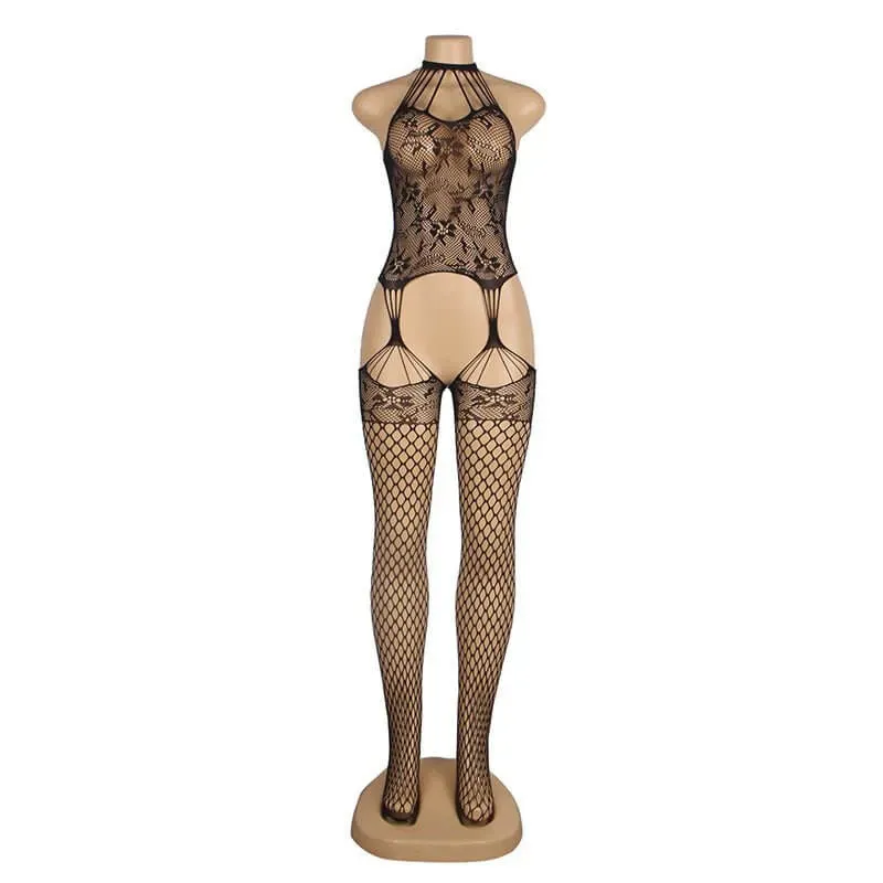 Strappy Halter Open Crotch Lace Body Suit