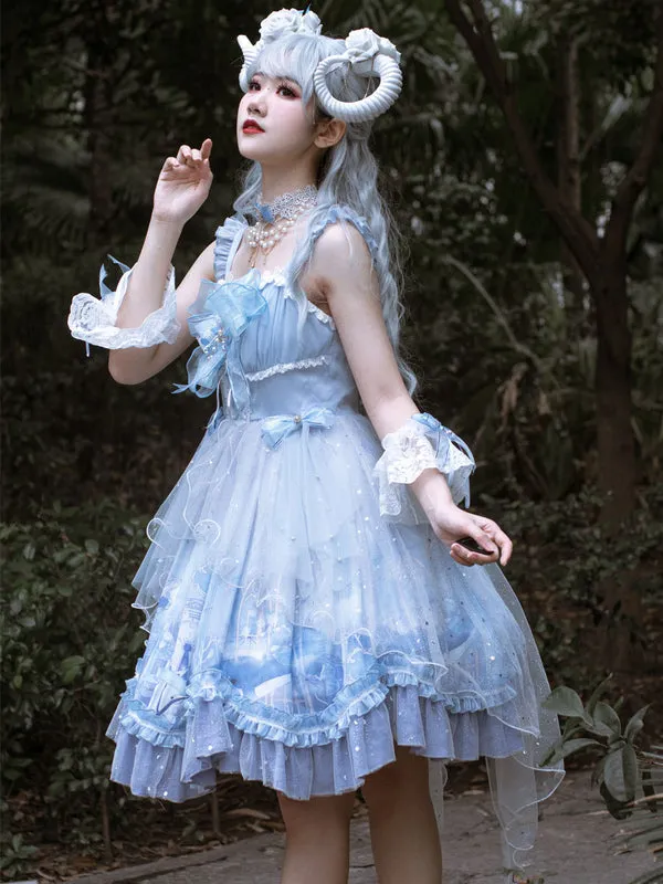 Sweet Lolita JSK Dress Baby Blue Sleeveless Tiered Bows Lace Lolita Jumper Skirts