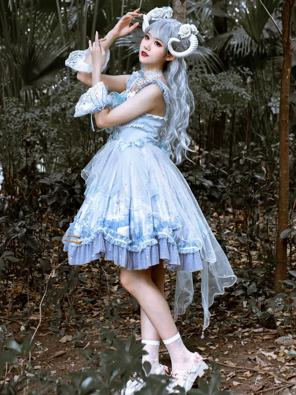 Sweet Lolita JSK Dress Baby Blue Sleeveless Tiered Bows Lace Lolita Jumper Skirts