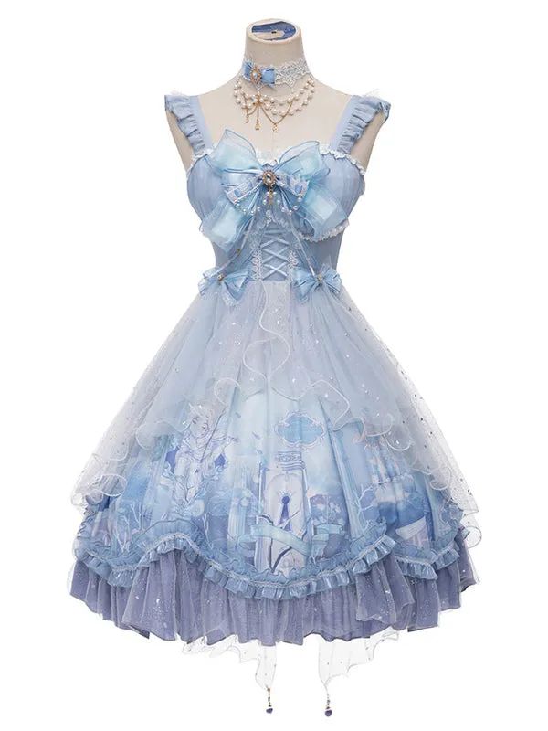 Sweet Lolita JSK Dress Baby Blue Sleeveless Tiered Bows Lace Lolita Jumper Skirts
