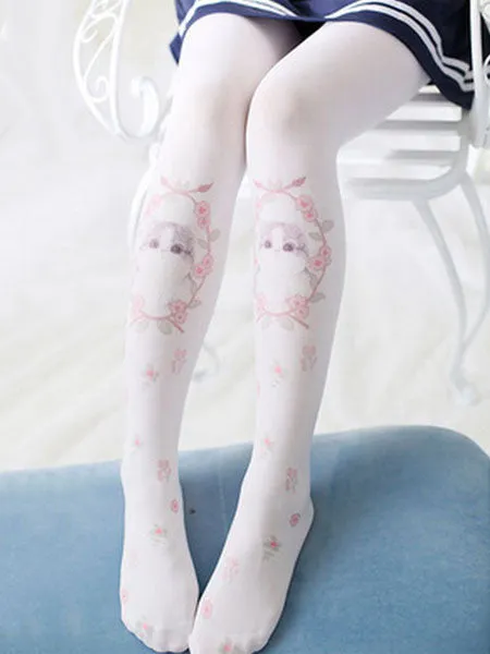 Sweet Lolita Pantyhose Cat Printed White Lolita Tights
