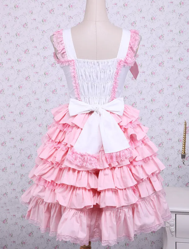 Sweet Pink Cotton Loltia Jumper Dress Bows Layers Ruffles