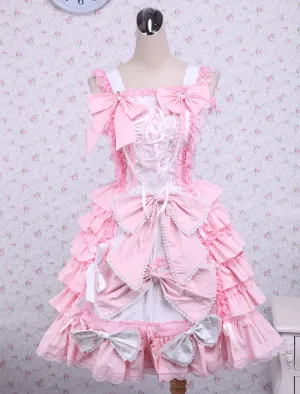 Sweet Pink Cotton Loltia Jumper Dress Bows Layers Ruffles