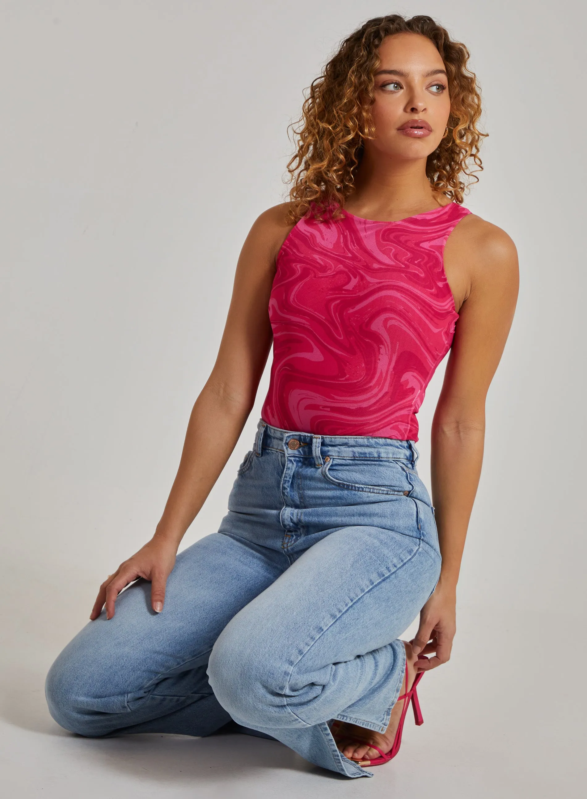 Swirl Print Mesh Sleeveless Bodysuit