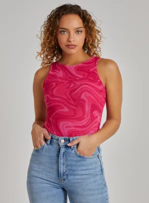 Swirl Print Mesh Sleeveless Bodysuit