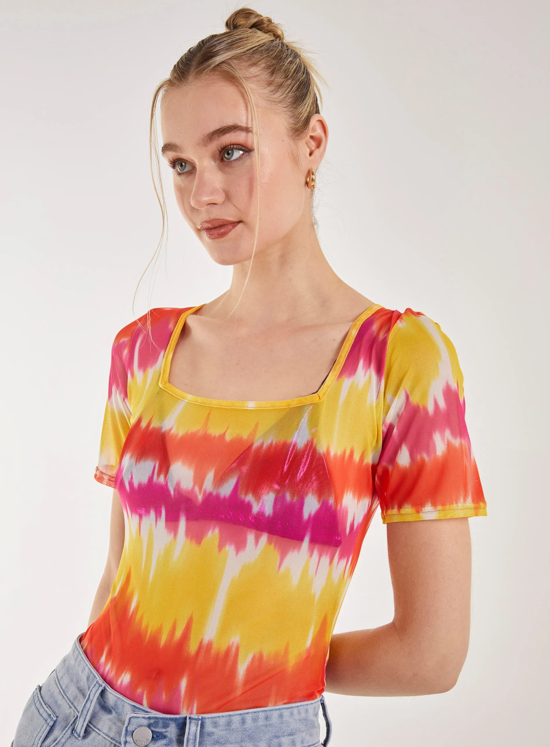 Tie Dye Mesh Square Neck Bodysuit