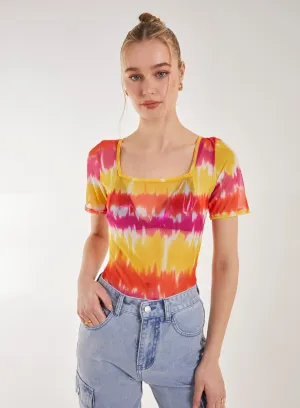 Tie Dye Mesh Square Neck Bodysuit