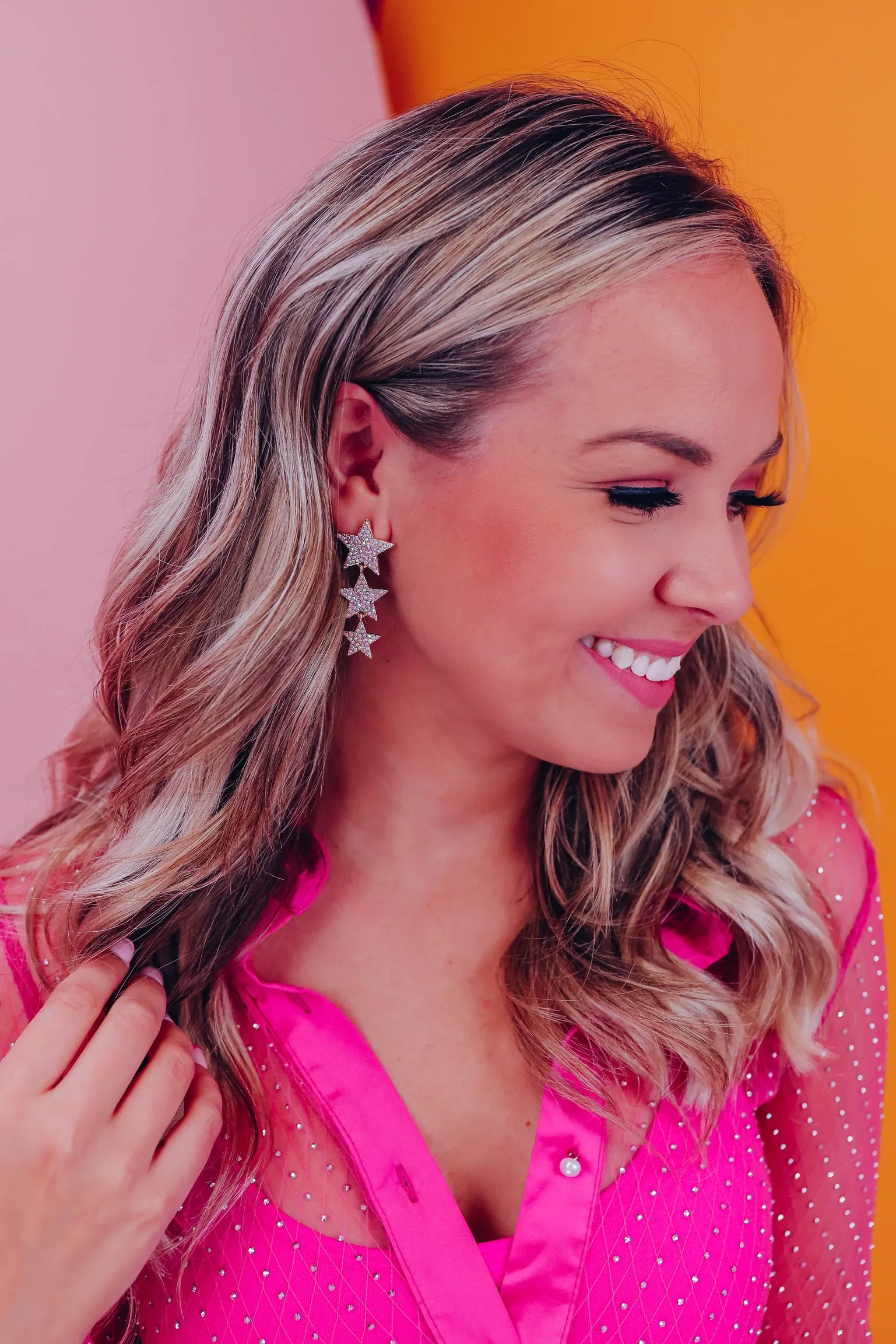 Tri-Star Rhinestone Dangle Earrings - AB