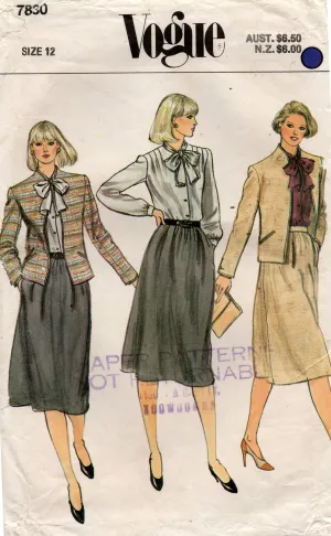 Vogue 7830 Womens Jacket Skirt & Pussy Bow Blouse 1980s Vintage Sewing Pattern Size 12 Bust 34 inches