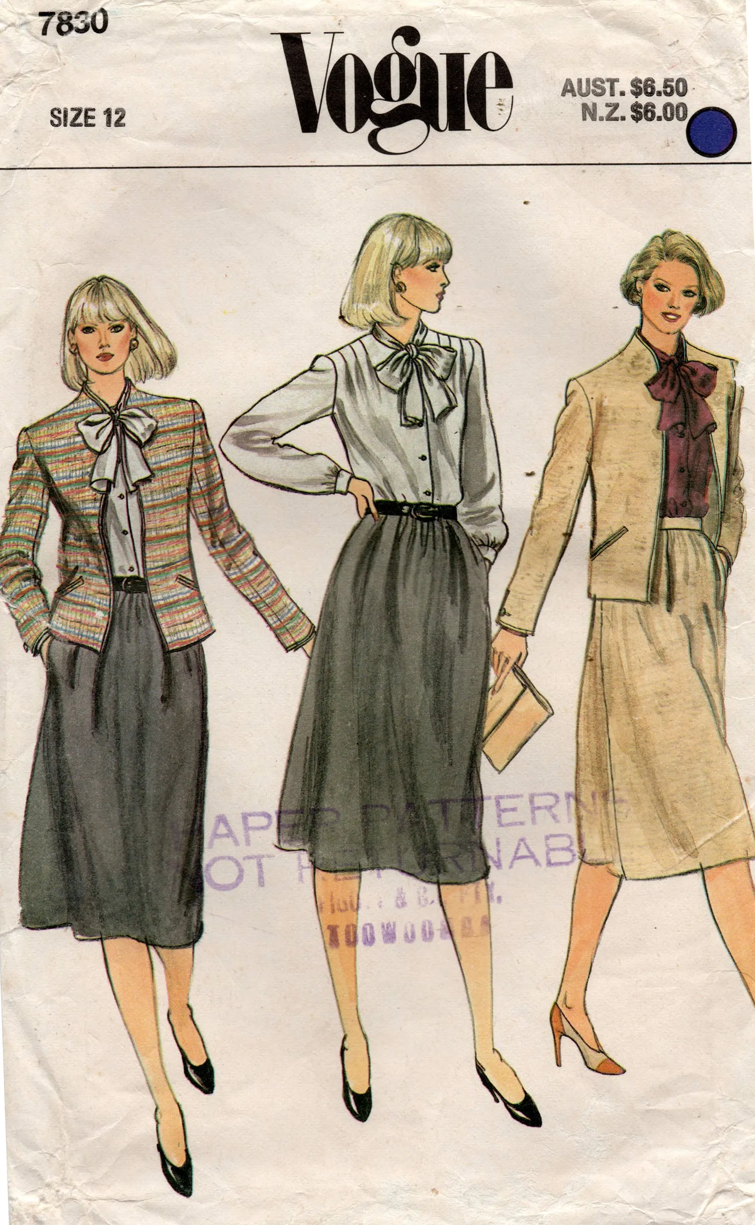 Vogue 7830 Womens Jacket Skirt & Pussy Bow Blouse 1980s Vintage Sewing Pattern Size 12 Bust 34 inches