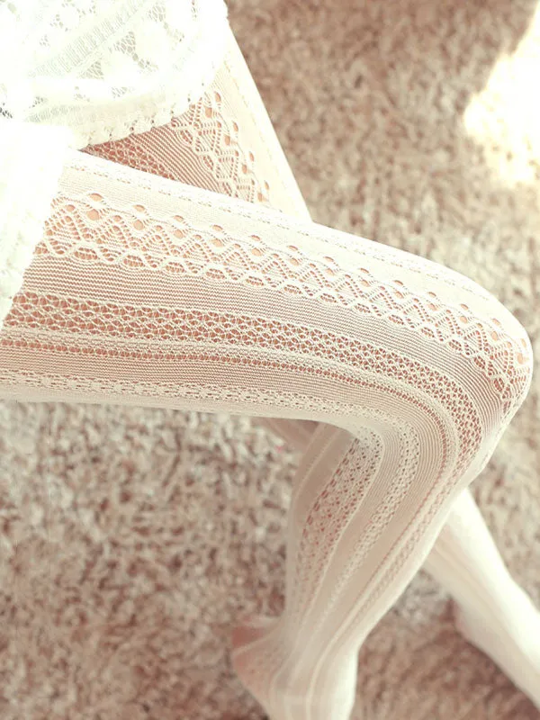 White Lolita Tights Synthetic Sweet Embroidery Printed