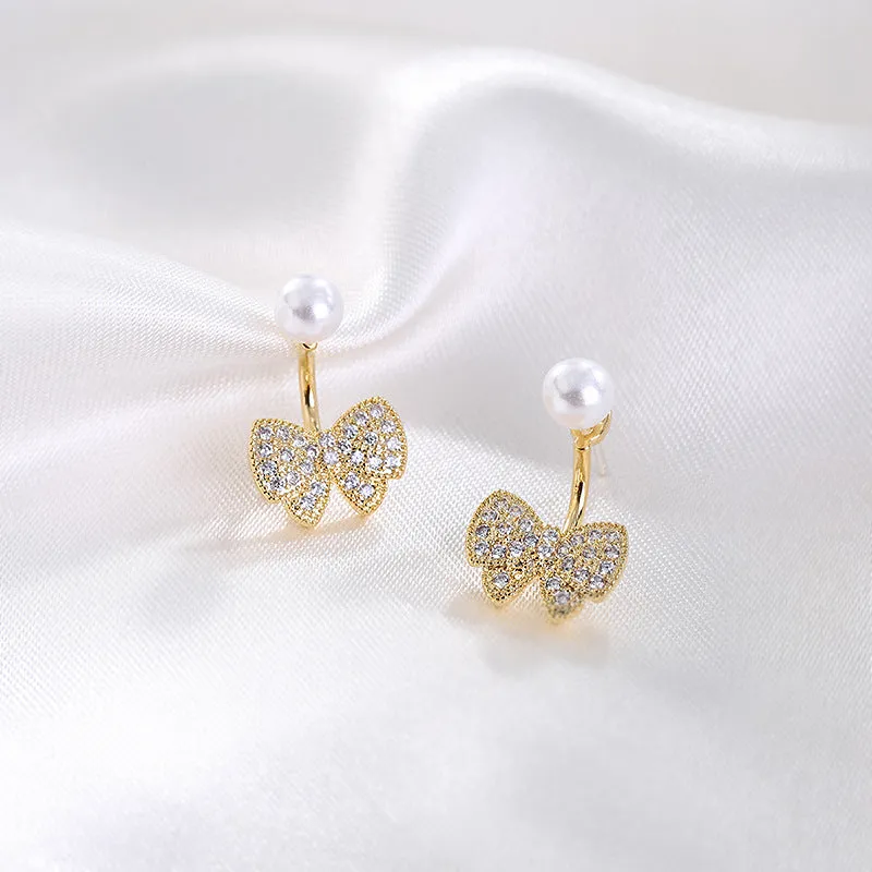 White Pearl & Cubic Zirconia 18K Gold-Plated Butterfly Ear Jackets