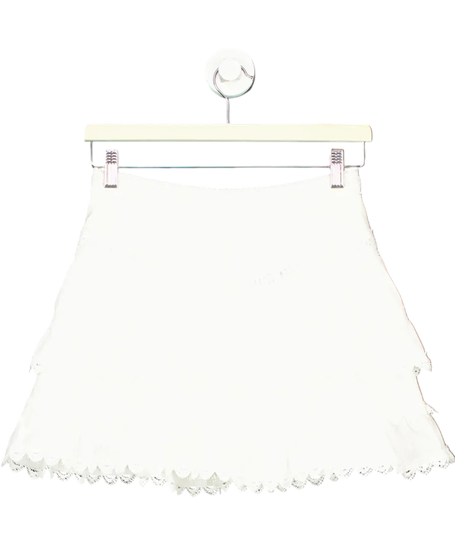 White Tiered Lace Trimmed Mini Skirt UK S