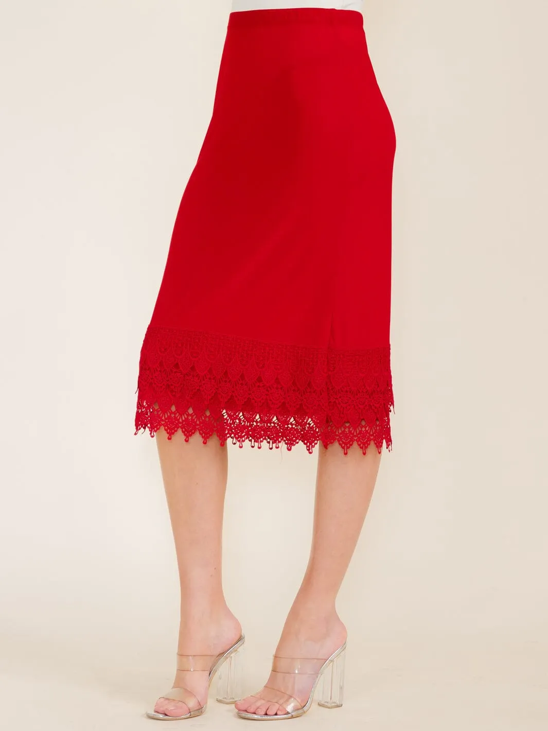 WOMEN'S ELASTIC WAIST CROCHET BOTTOM HEM MIDI SKIRT