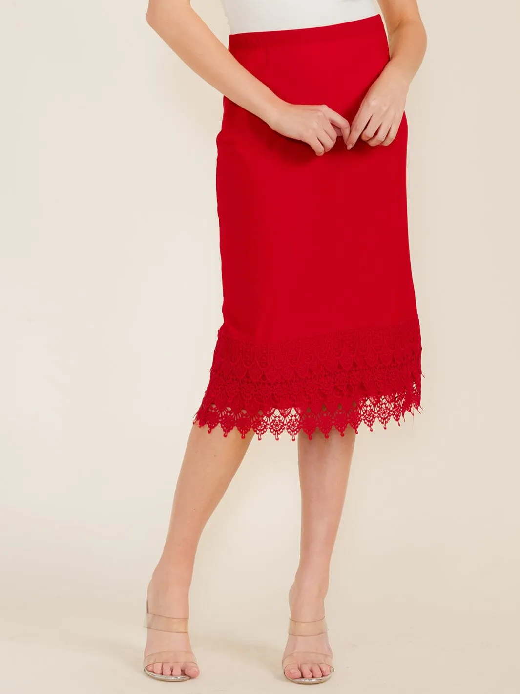 WOMEN'S ELASTIC WAIST CROCHET BOTTOM HEM MIDI SKIRT