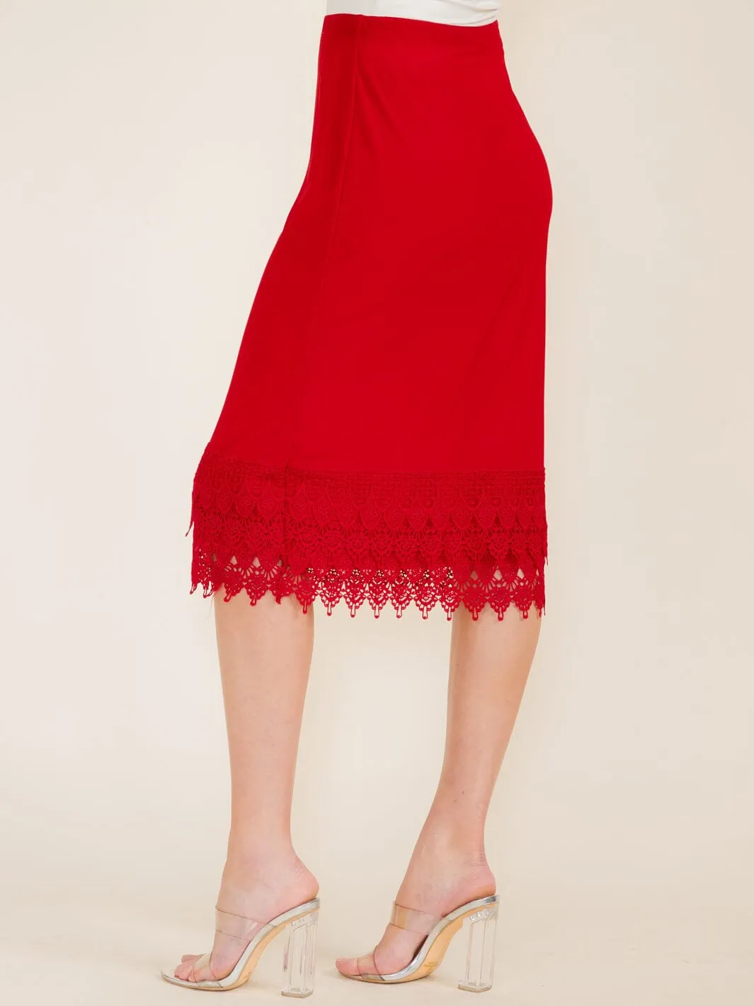 WOMEN'S ELASTIC WAIST CROCHET BOTTOM HEM MIDI SKIRT