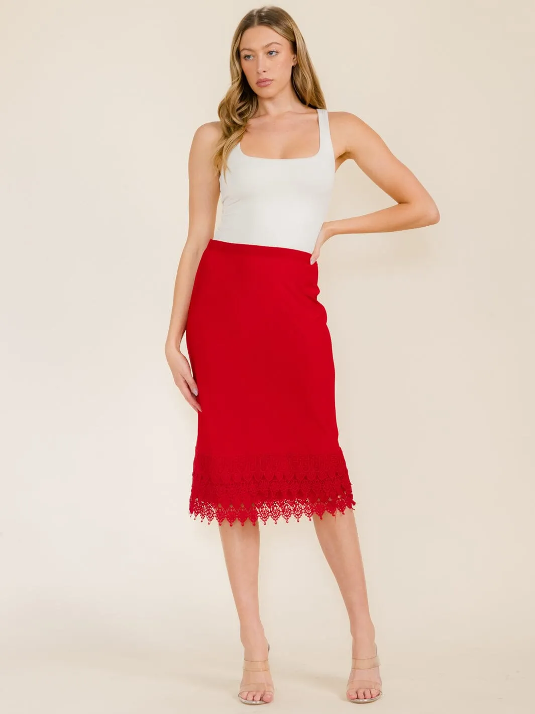 WOMEN'S ELASTIC WAIST CROCHET BOTTOM HEM MIDI SKIRT