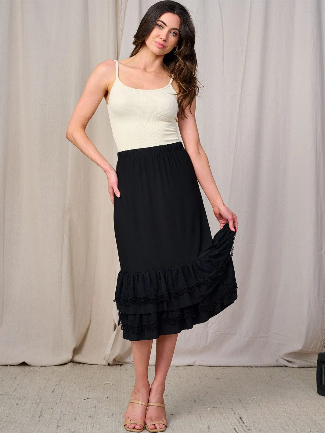WOMEN'S ELASTIC WAIST CROCHET RUFFLE BOTTOM HEM MIDI SKIRT