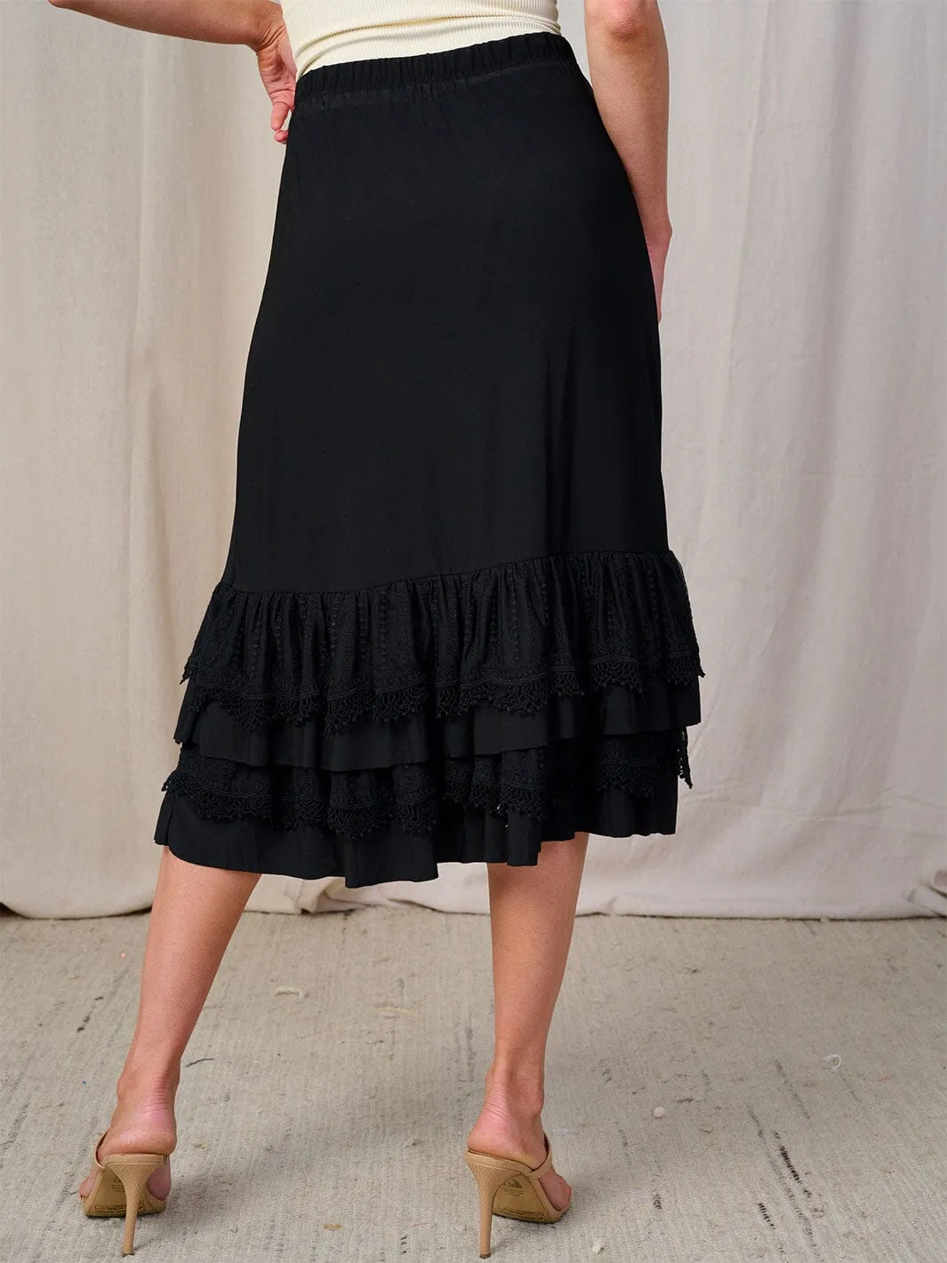 WOMEN'S ELASTIC WAIST CROCHET RUFFLE BOTTOM HEM MIDI SKIRT