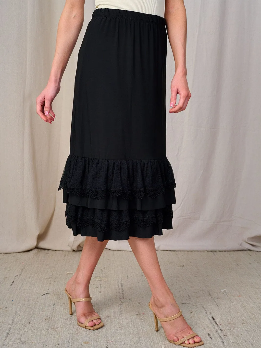 WOMEN'S ELASTIC WAIST CROCHET RUFFLE BOTTOM HEM MIDI SKIRT