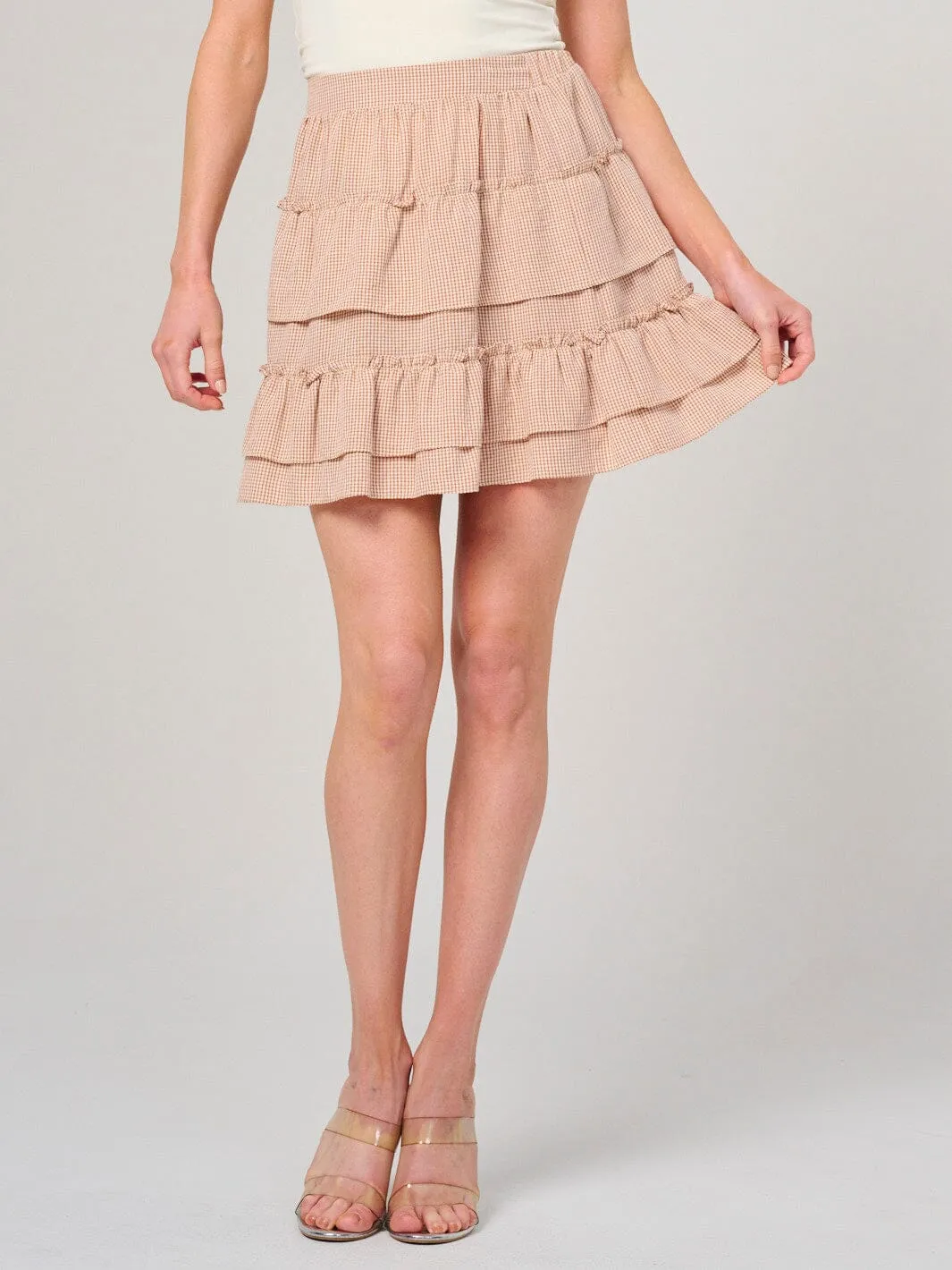 WOMEN'S ELASTIC WAIST RUFFLE TIERED FLARE MINI SKIRT