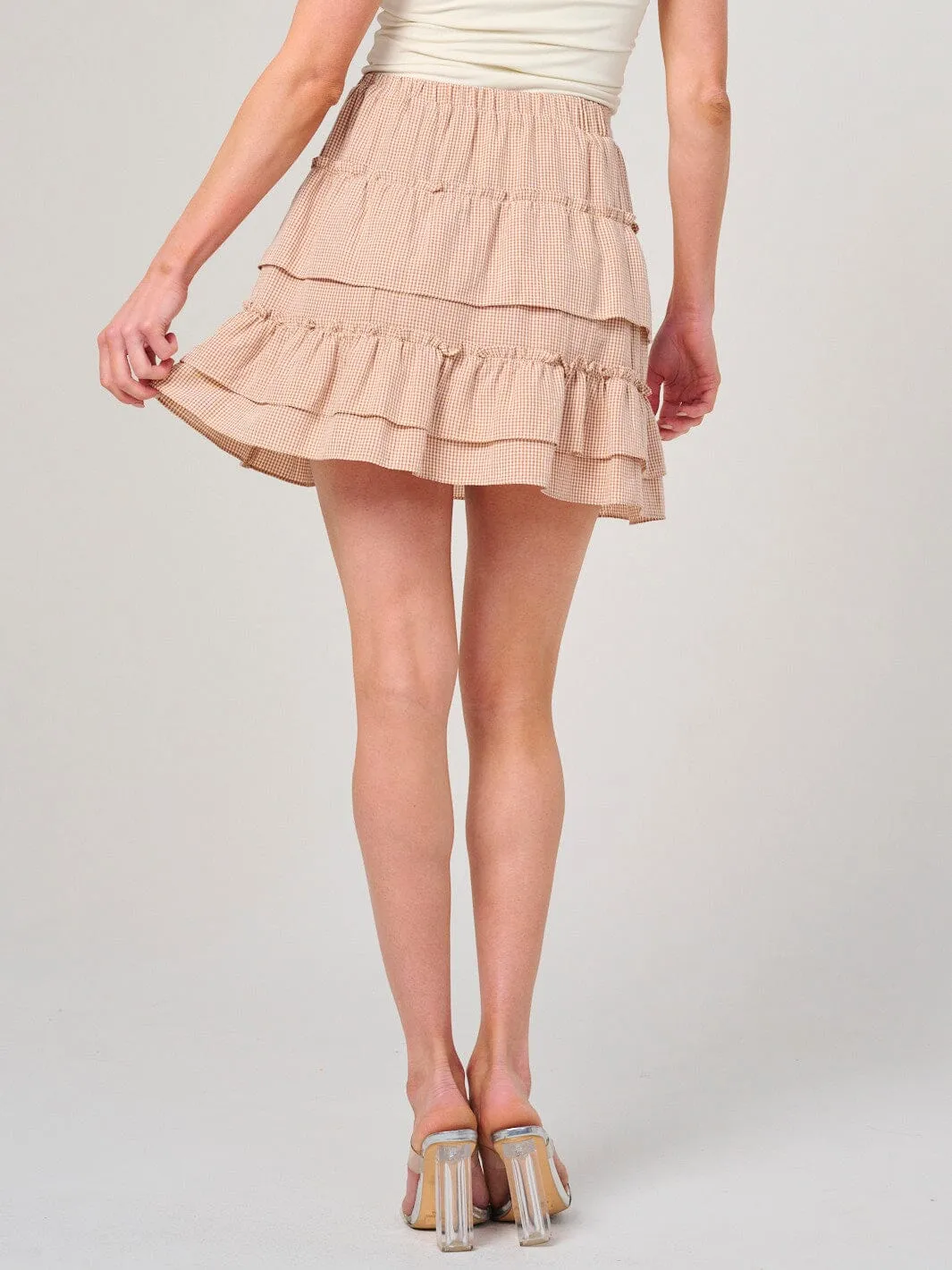 WOMEN'S ELASTIC WAIST RUFFLE TIERED FLARE MINI SKIRT