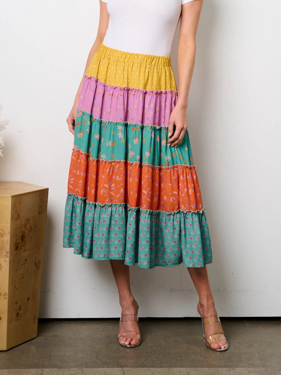 WOMEN'S ELASTIC WAIST TIERED COLORBLOCK MIDI SKIRT