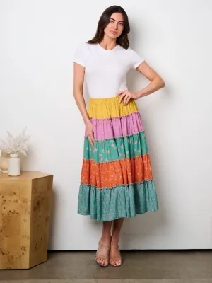 WOMEN'S ELASTIC WAIST TIERED COLORBLOCK MIDI SKIRT