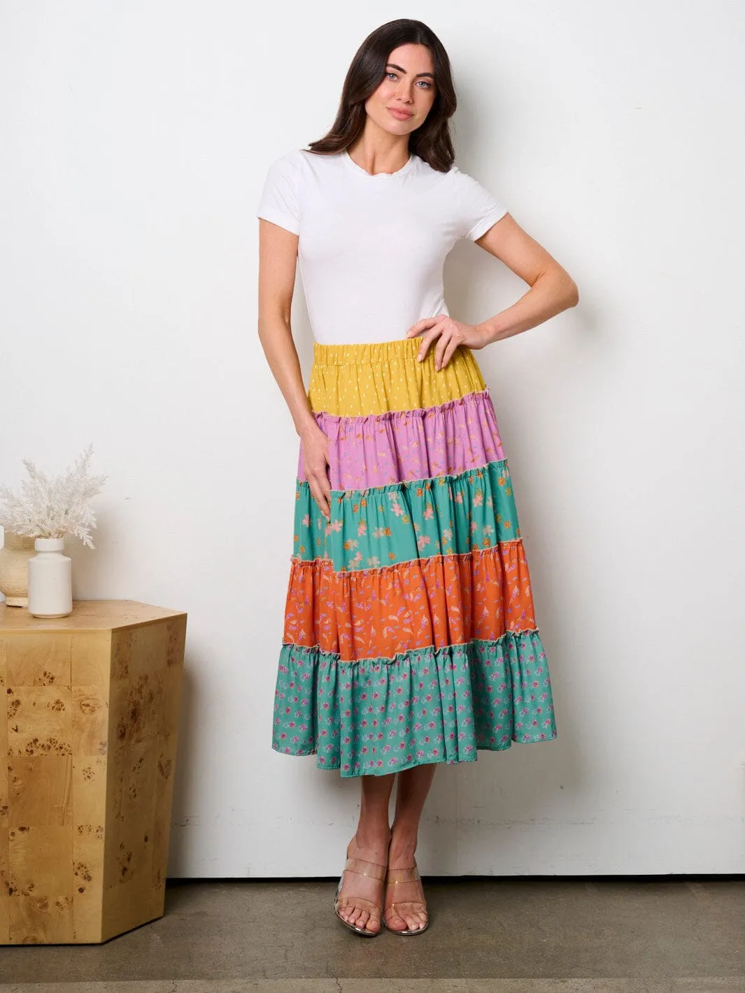 WOMEN'S ELASTIC WAIST TIERED COLORBLOCK MIDI SKIRT