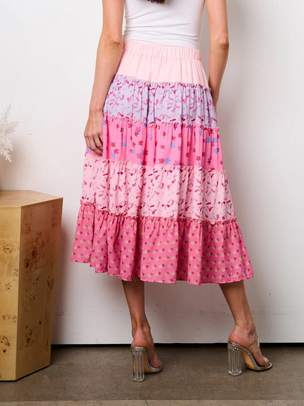 WOMEN'S ELASTIC WAIST TIERED COLORBLOCK MIDI SKIRT