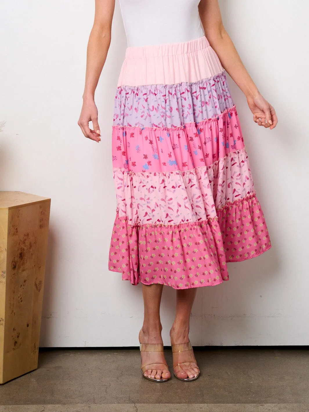 WOMEN'S ELASTIC WAIST TIERED COLORBLOCK MIDI SKIRT