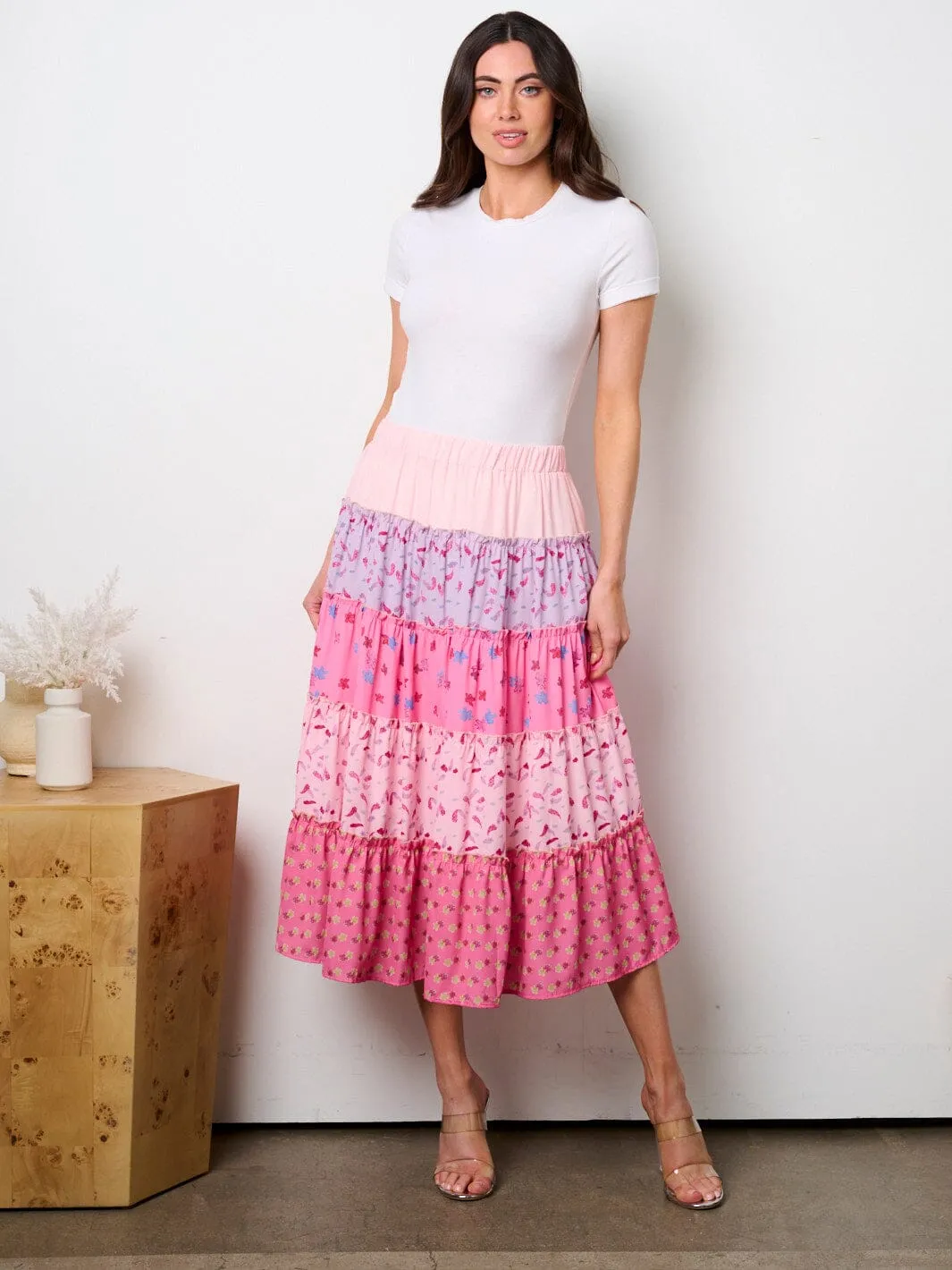 WOMEN'S ELASTIC WAIST TIERED COLORBLOCK MIDI SKIRT