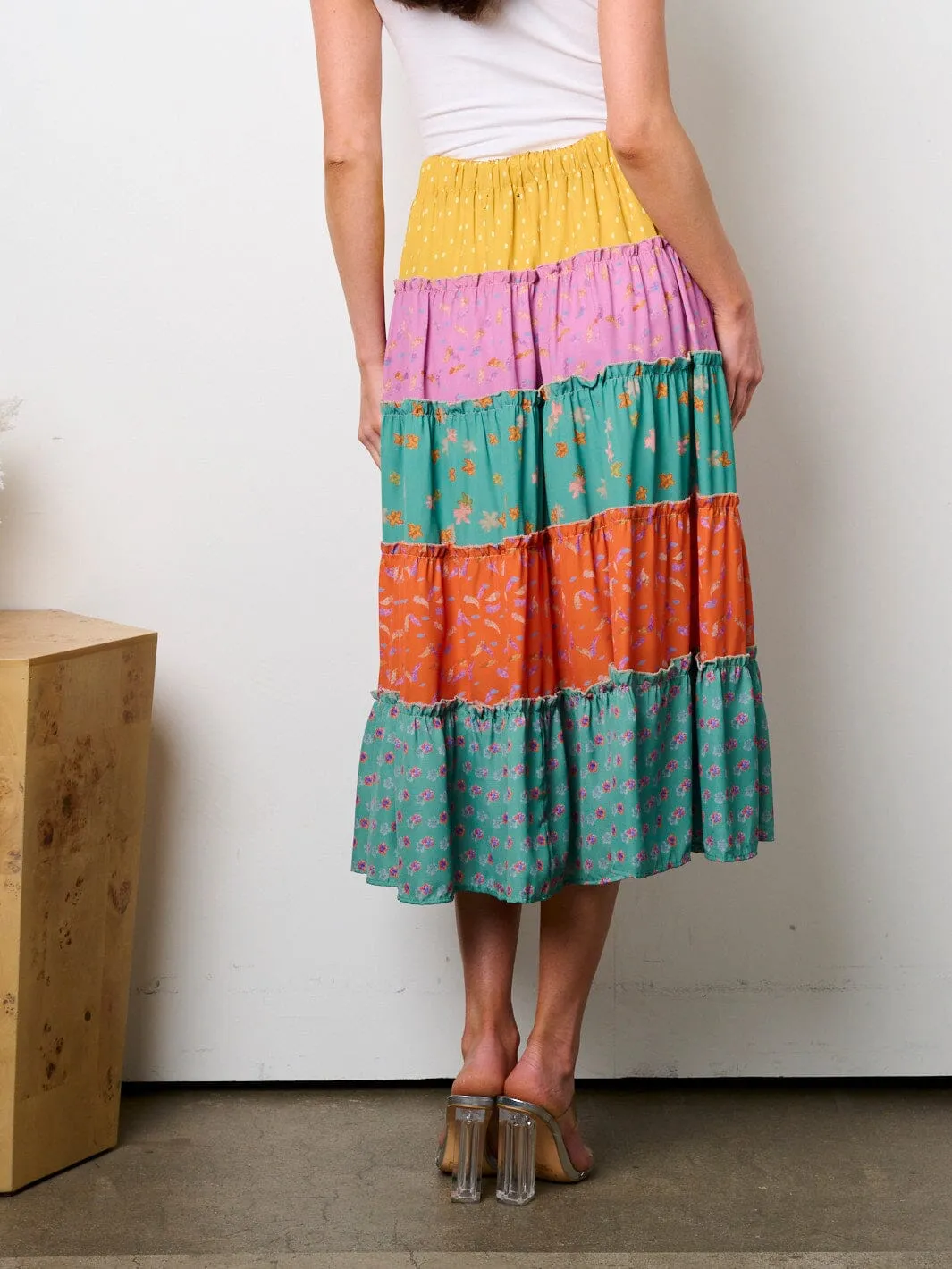 WOMEN'S ELASTIC WAIST TIERED COLORBLOCK MIDI SKIRT