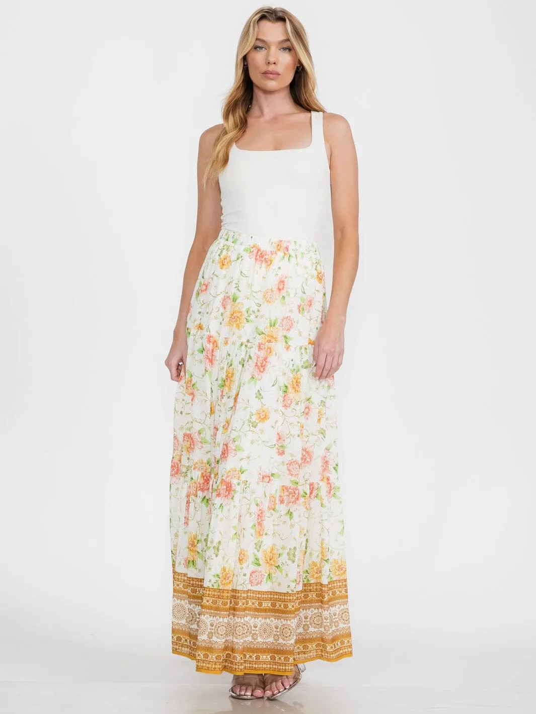 WOMEN'S ELASTIC WAIST TIERED FLORAL MAXI SKIRT