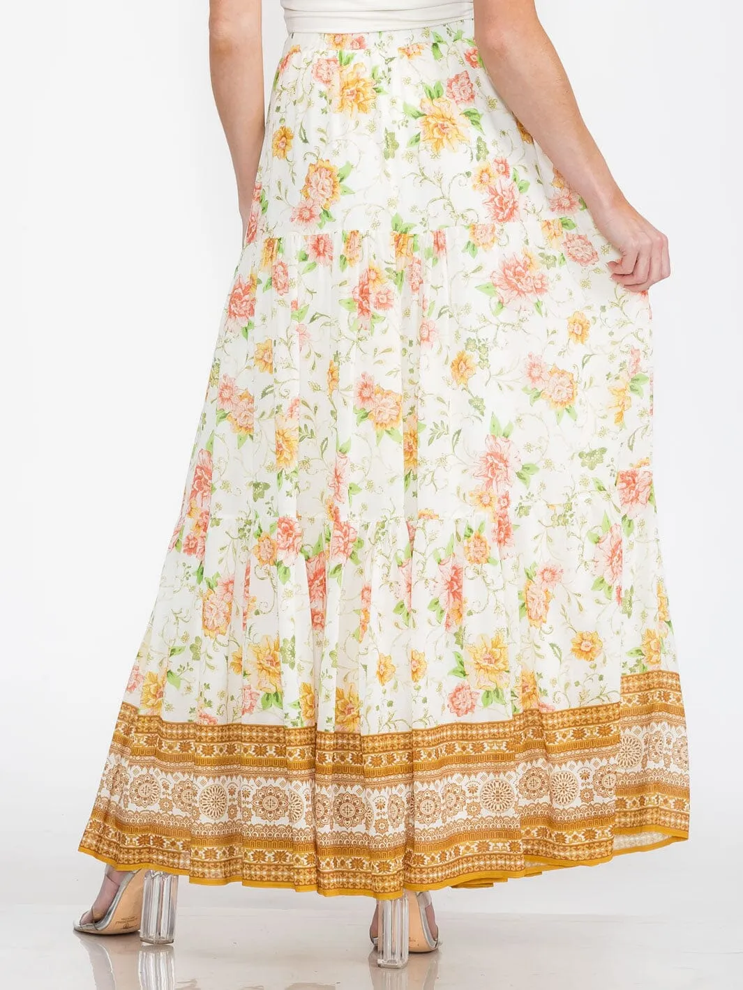 WOMEN'S ELASTIC WAIST TIERED FLORAL MAXI SKIRT