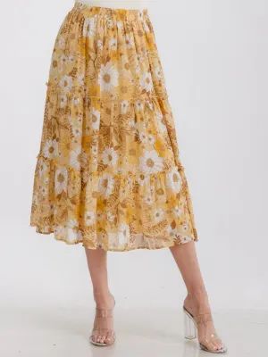 WOMEN'S ELASTIC WAIST TIERED FLORAL MIDI SKIRT