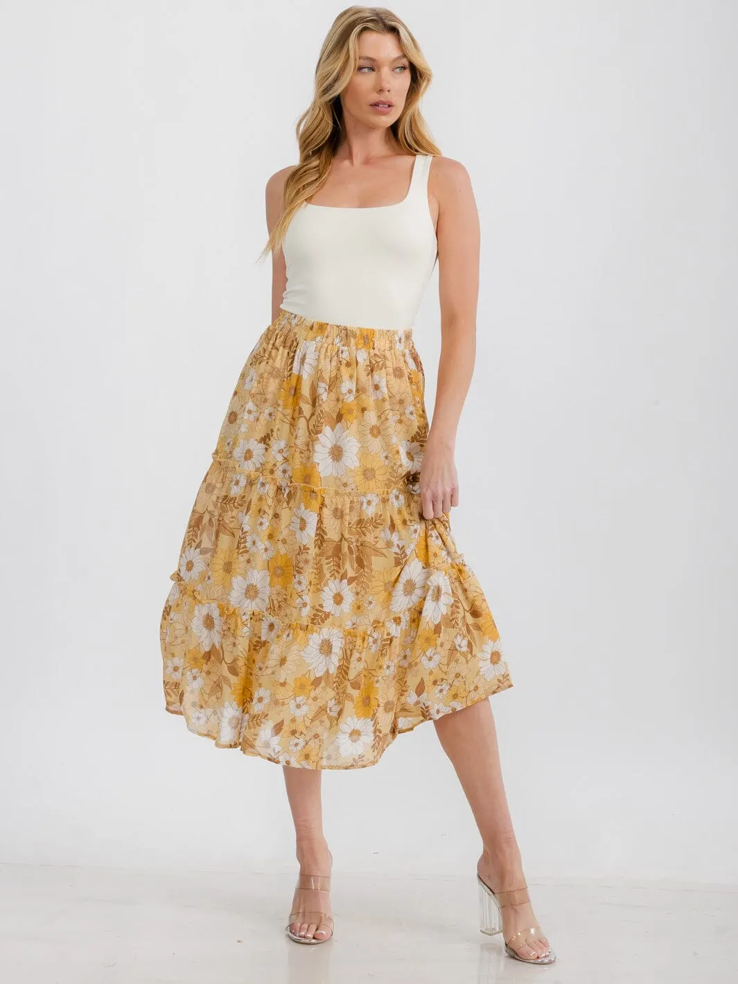 WOMEN'S ELASTIC WAIST TIERED FLORAL MIDI SKIRT