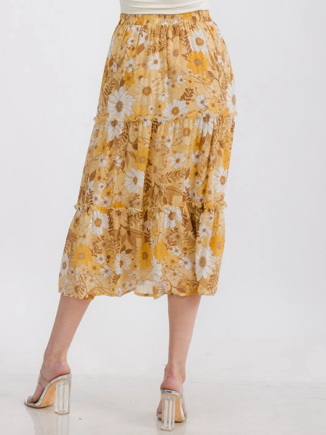 WOMEN'S ELASTIC WAIST TIERED FLORAL MIDI SKIRT