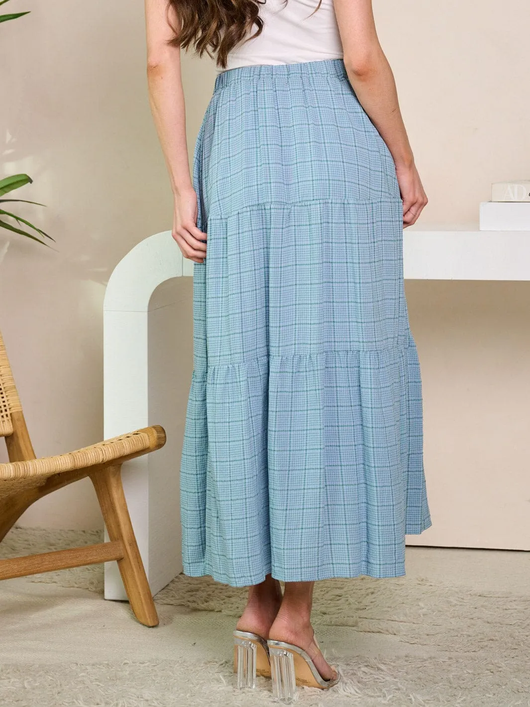 WOMEN'S ELASTIC WAIST TIERED PRINTED MAXI SKIRT