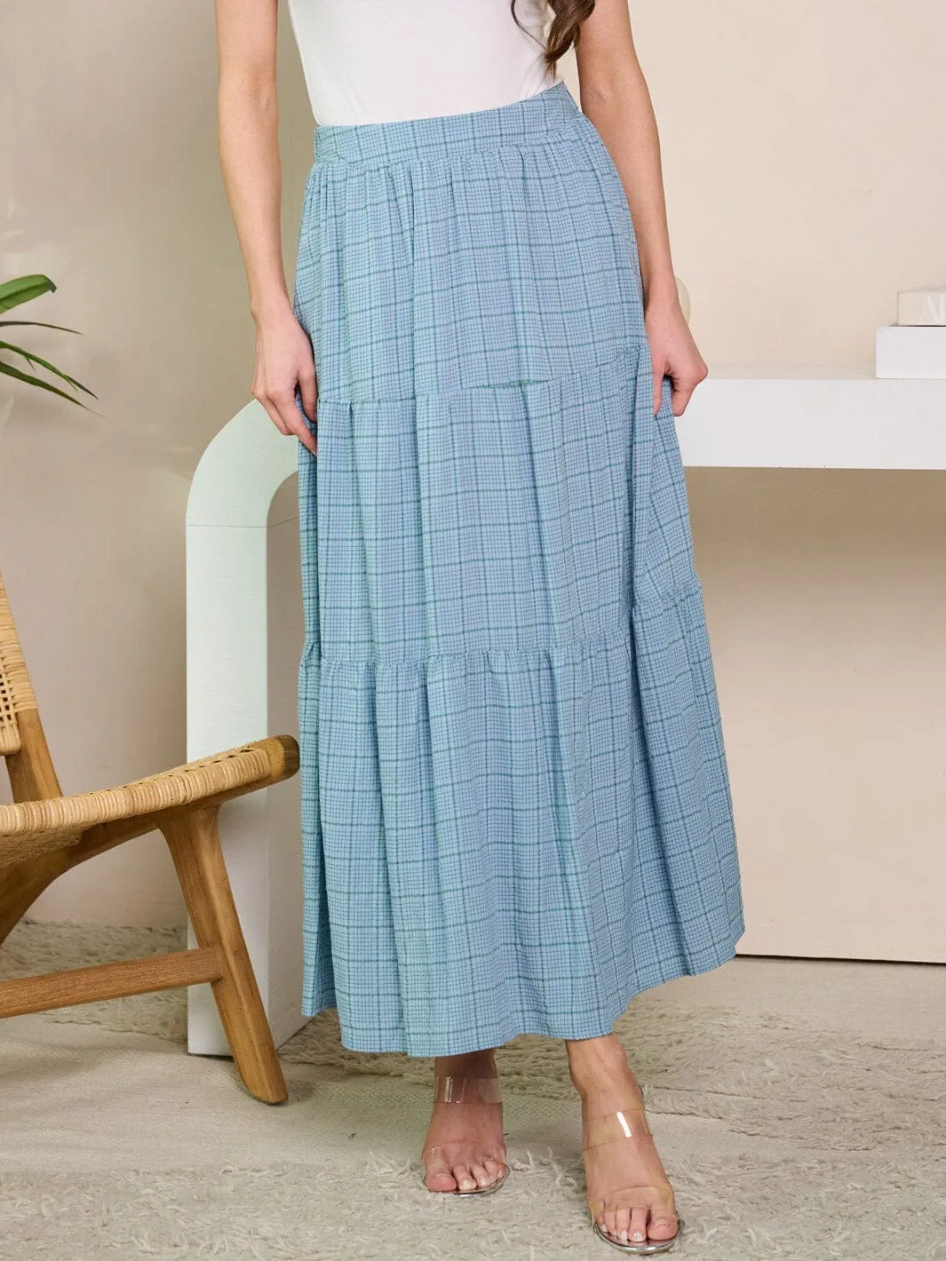 WOMEN'S ELASTIC WAIST TIERED PRINTED MAXI SKIRT