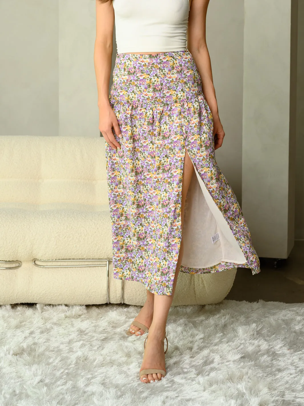 WOMEN'S FRONT SLIT FLORAL MIDI SKIRT