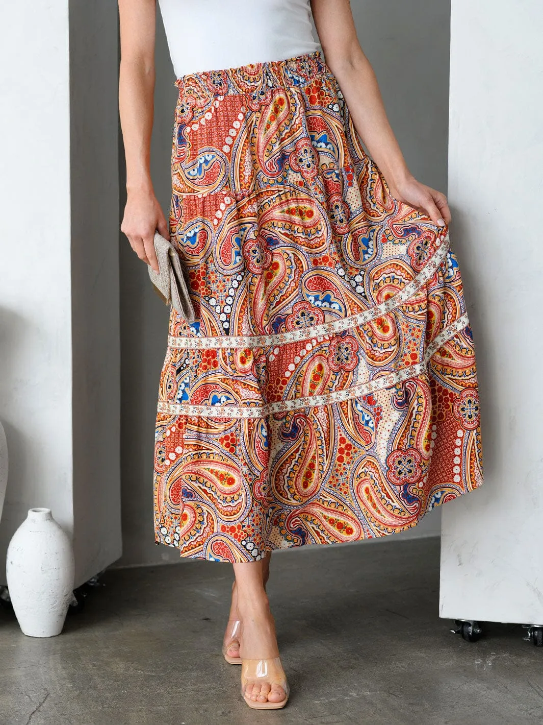 WOMEN'S MULTI PRINT TIERED MAXI SKIRT