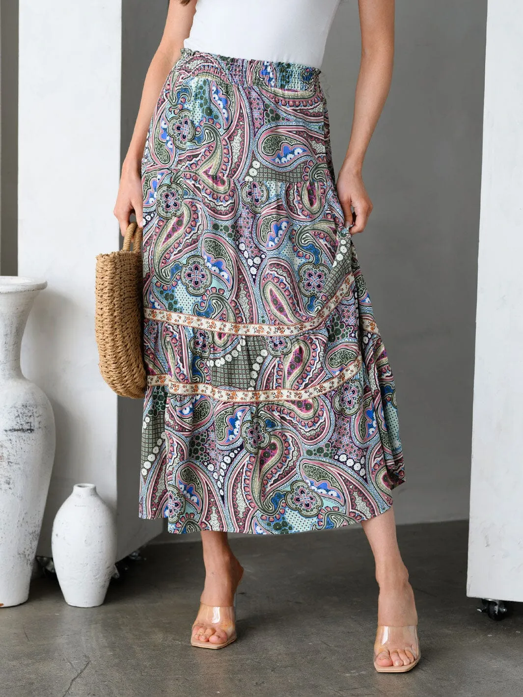 WOMEN'S MULTI PRINT TIERED MAXI SKIRT