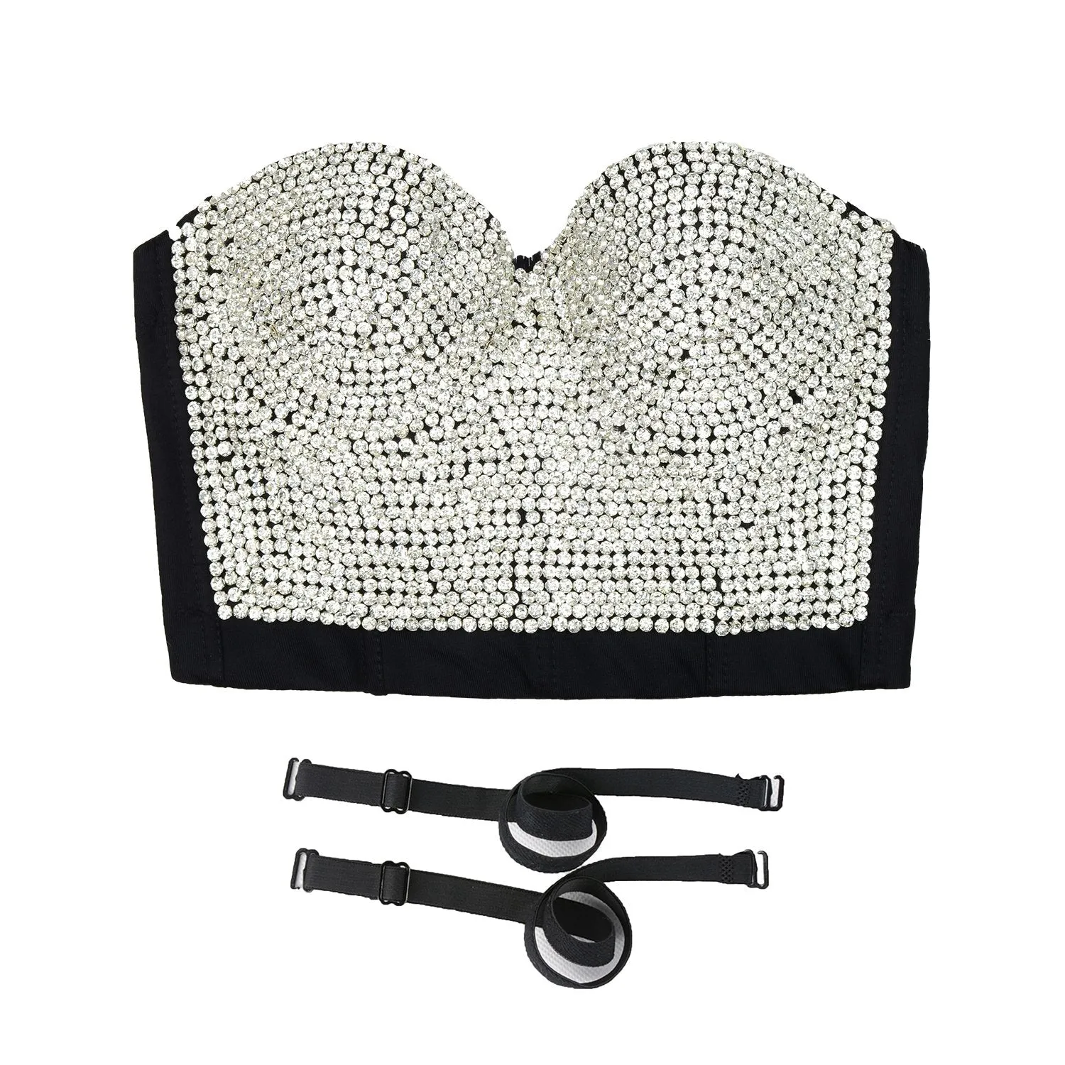 Women's Rhinestone Diamond Bustier Sexy Crop Top Club Party Corset Bra Black