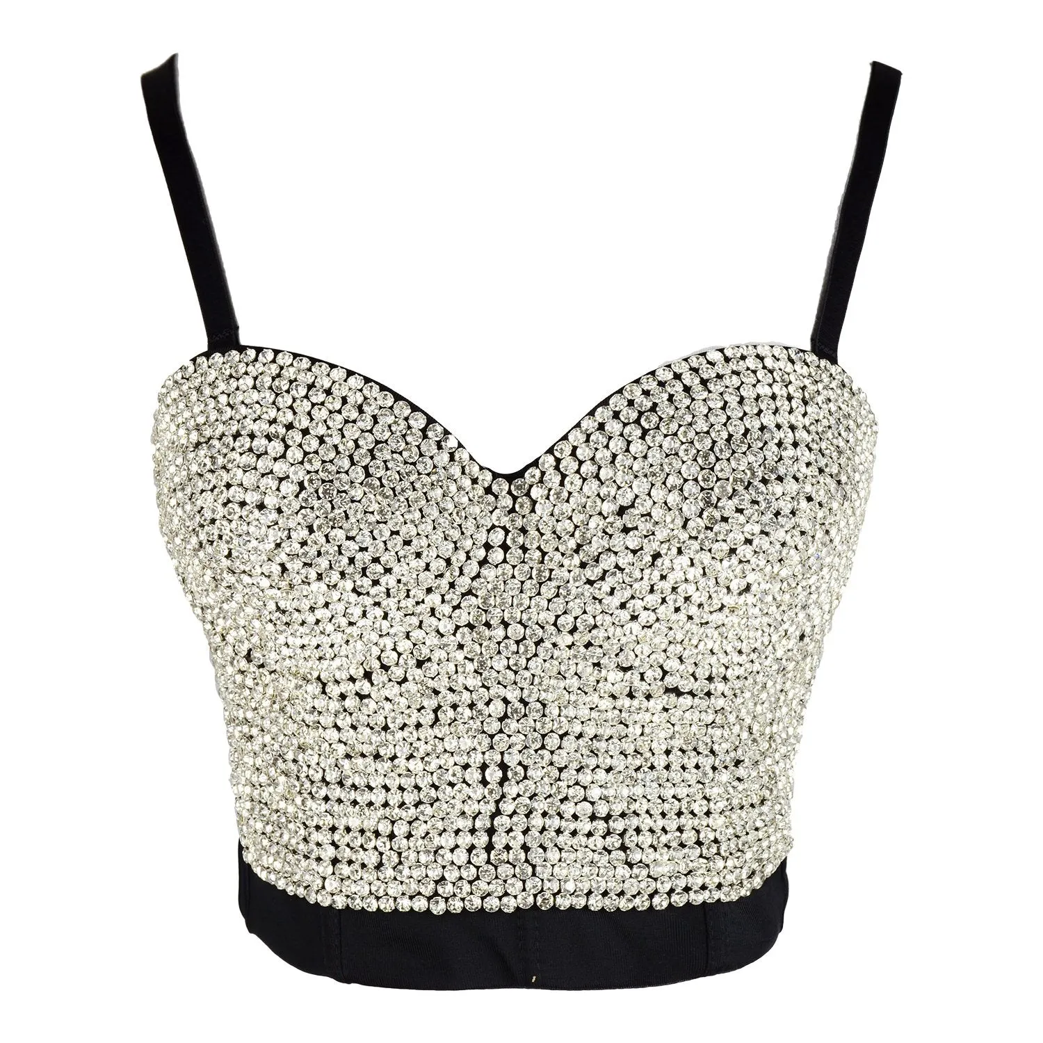 Women's Rhinestone Diamond Bustier Sexy Crop Top Club Party Corset Bra Black