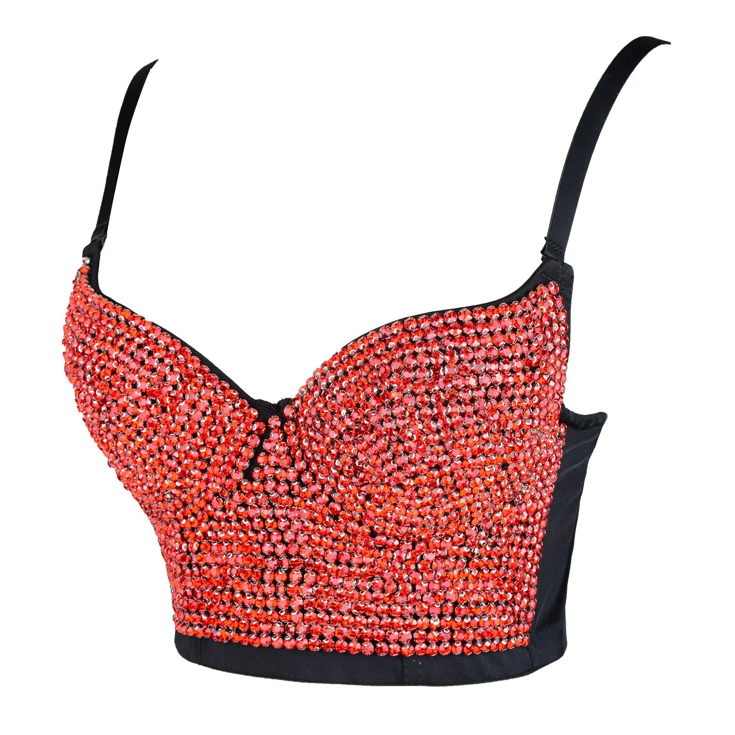 Women's Rhinestone Diamond Push up Bustier Crop Top Sexy Punk Corset Bra Red