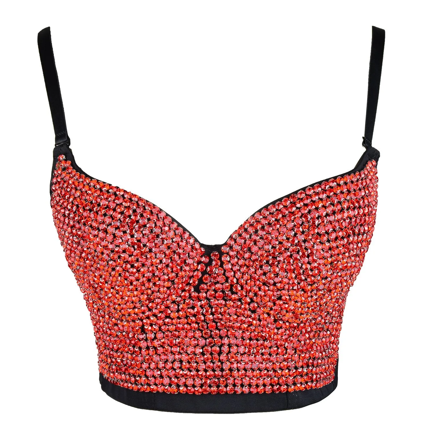 Women's Rhinestone Diamond Push up Bustier Crop Top Sexy Punk Corset Bra Red
