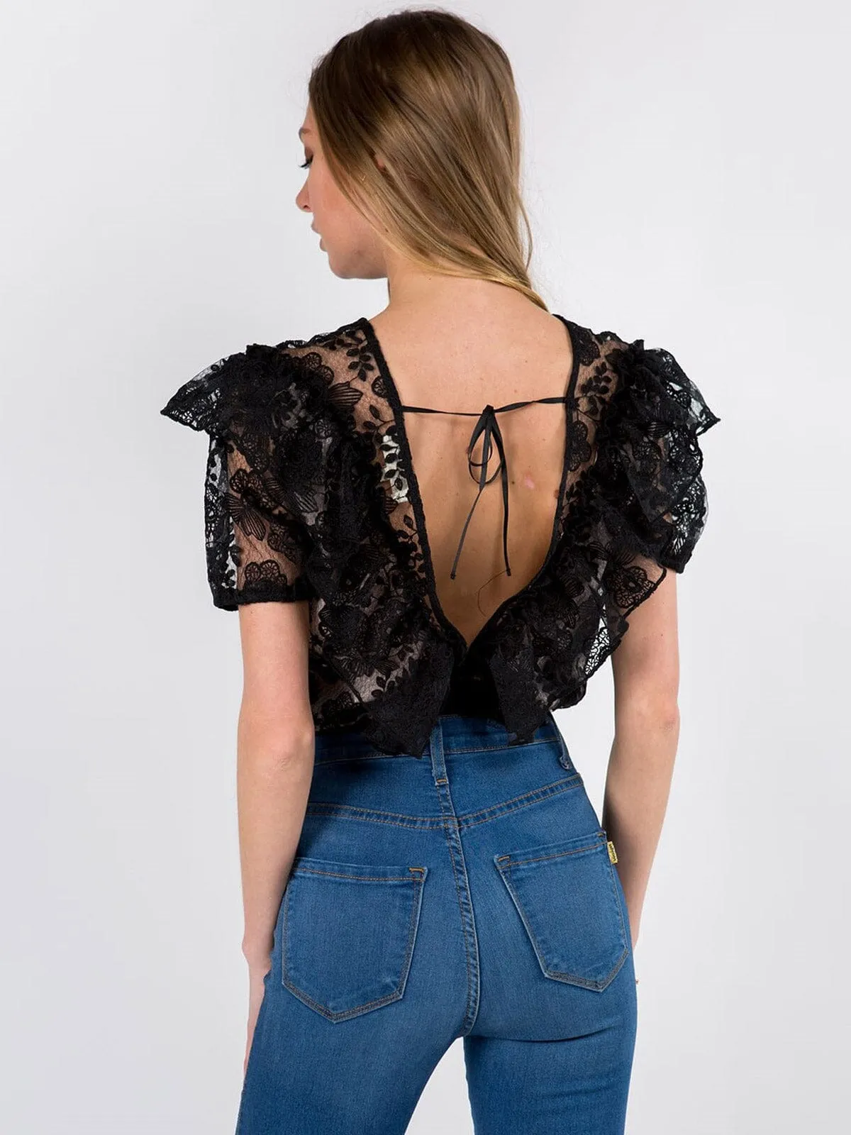 WOMENS SHORT SLEEVE RUFFLE V-NECK LACE BODYSUIT